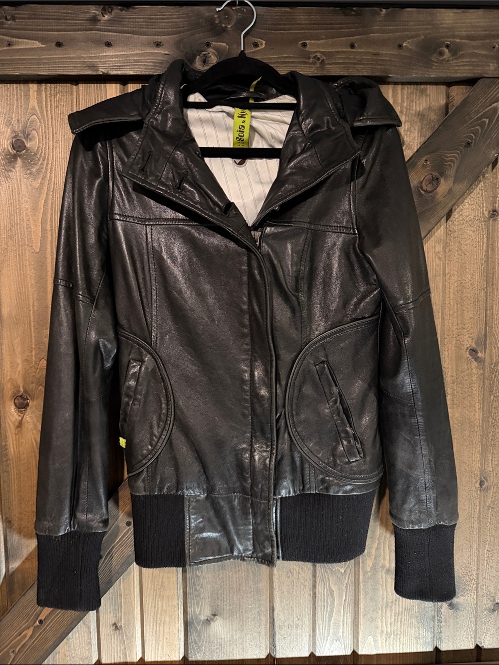 Soia & Kyo Black Leather Bomber Jacket With Hood